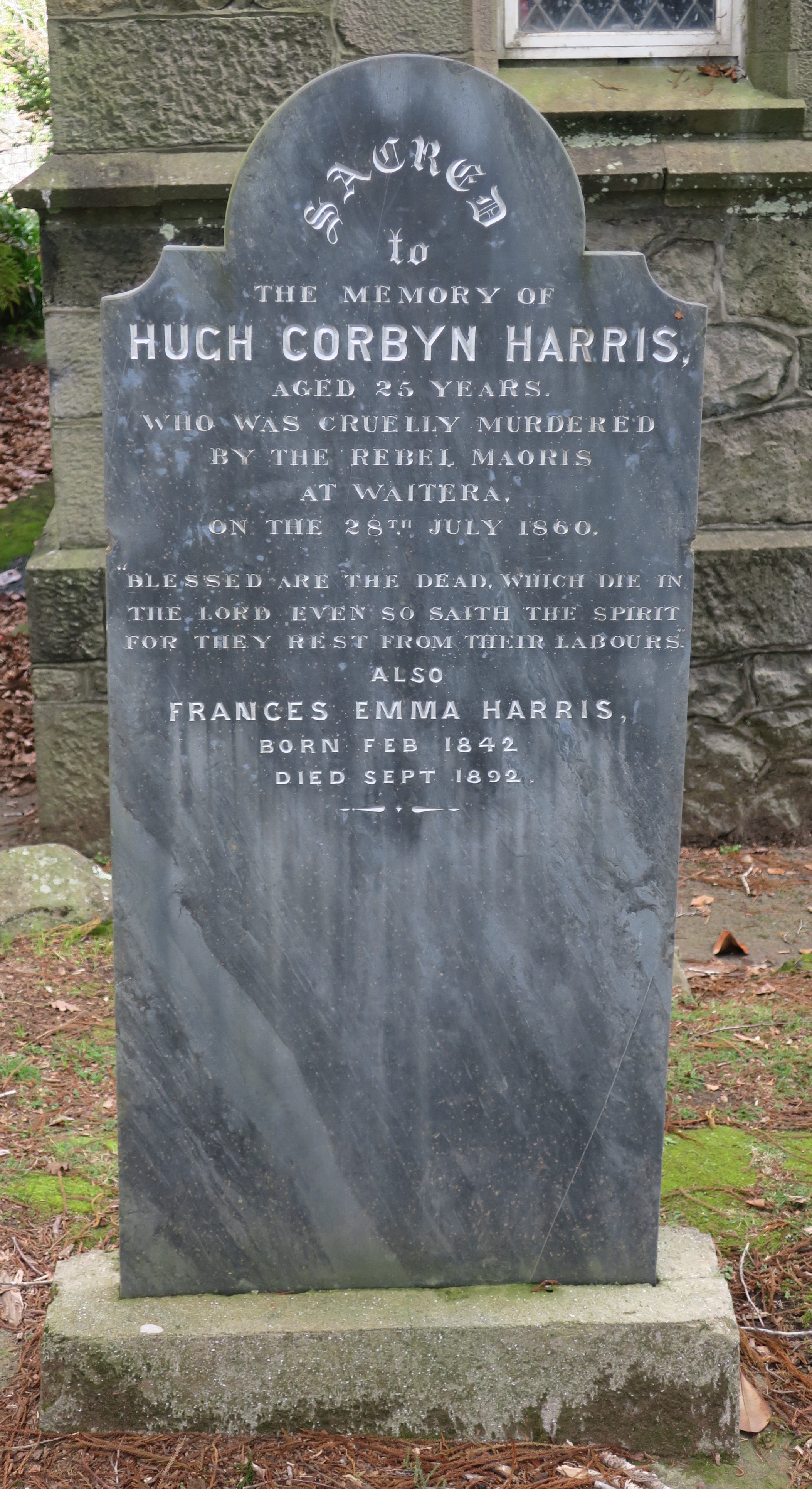 Hugh Corbyn Harris's grave in the churchyard of Taranaki Cathedral (2025). Rachel Sonius. Word on the Street image collection.