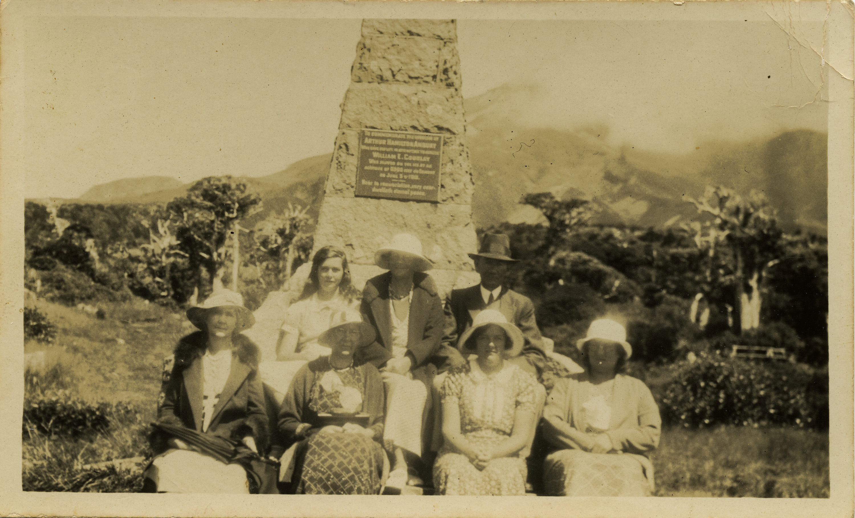 A mountain party at the Ambury Monument on Mount Taranaki, in the years after Arthur’s death. His mother Jessie Gilmour is the second from left in the front row, and his sister Mabel is on the far right.