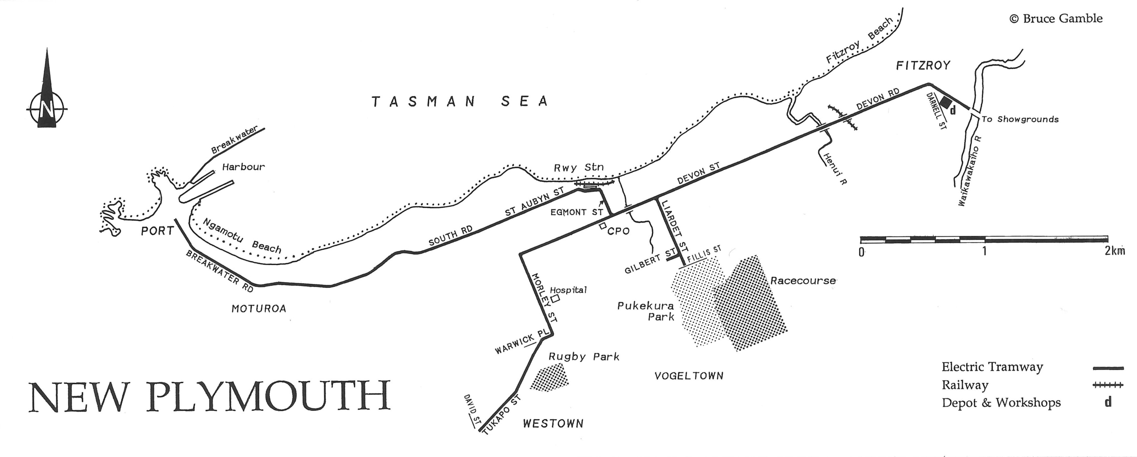 Route map of New Plymouth trams. Image in "The end of the penny section: when trams ruled the streets of New Zealand" by Graham Stewart (1993).