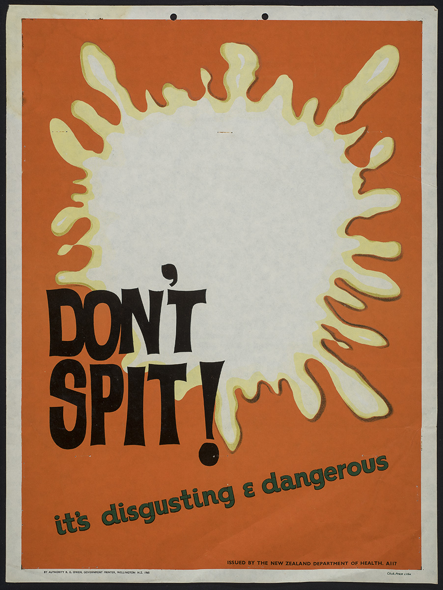 "Don't Spit!" poster (1965). New Zealand Department of Health. Collection of Puke Ariki (A58.322).