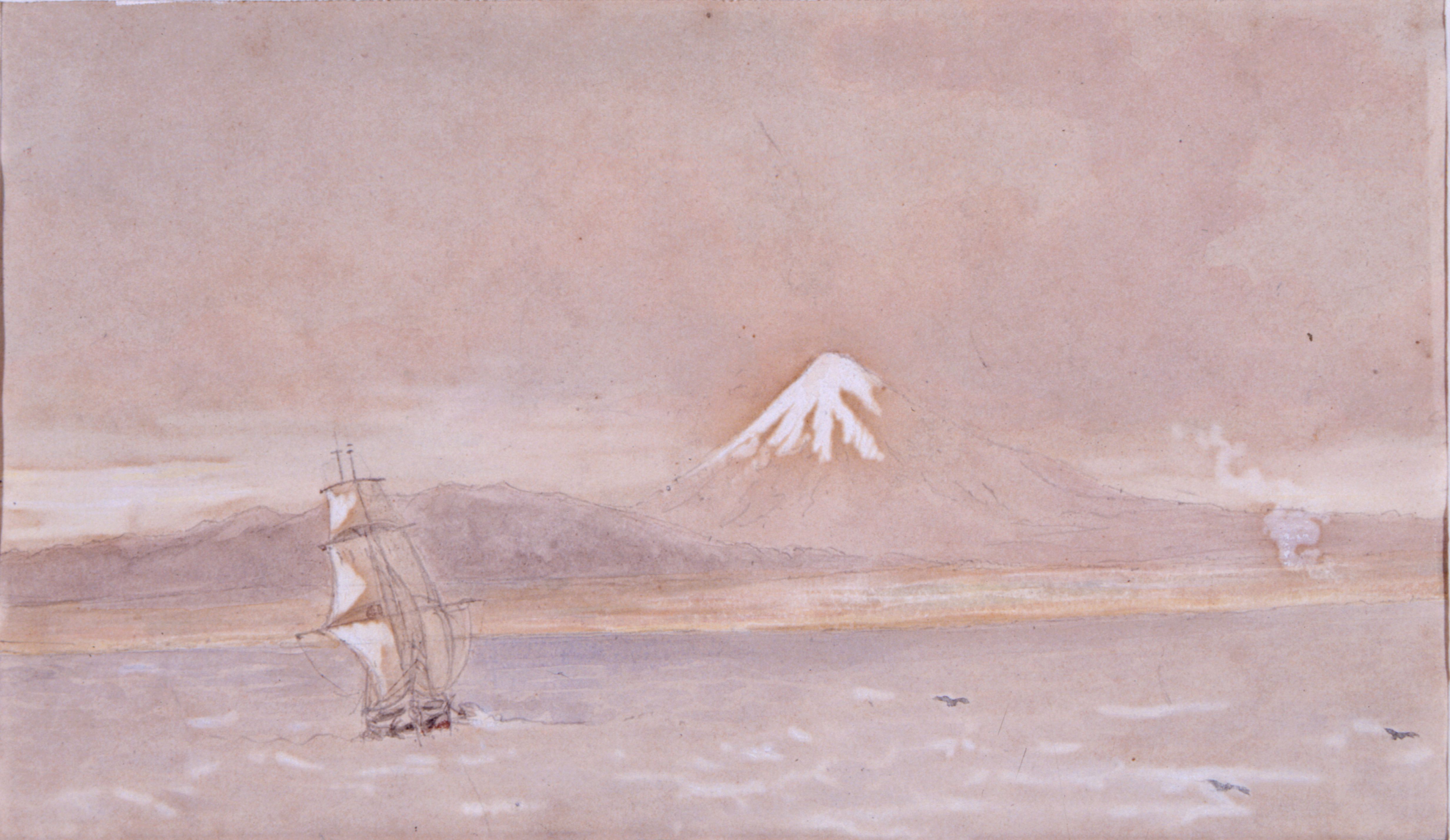 Watercolour depicting the barque "William Bryan" off the Taranaki coast (1841). Edwin Harris. Collection of Puke Ariki (A75.456).