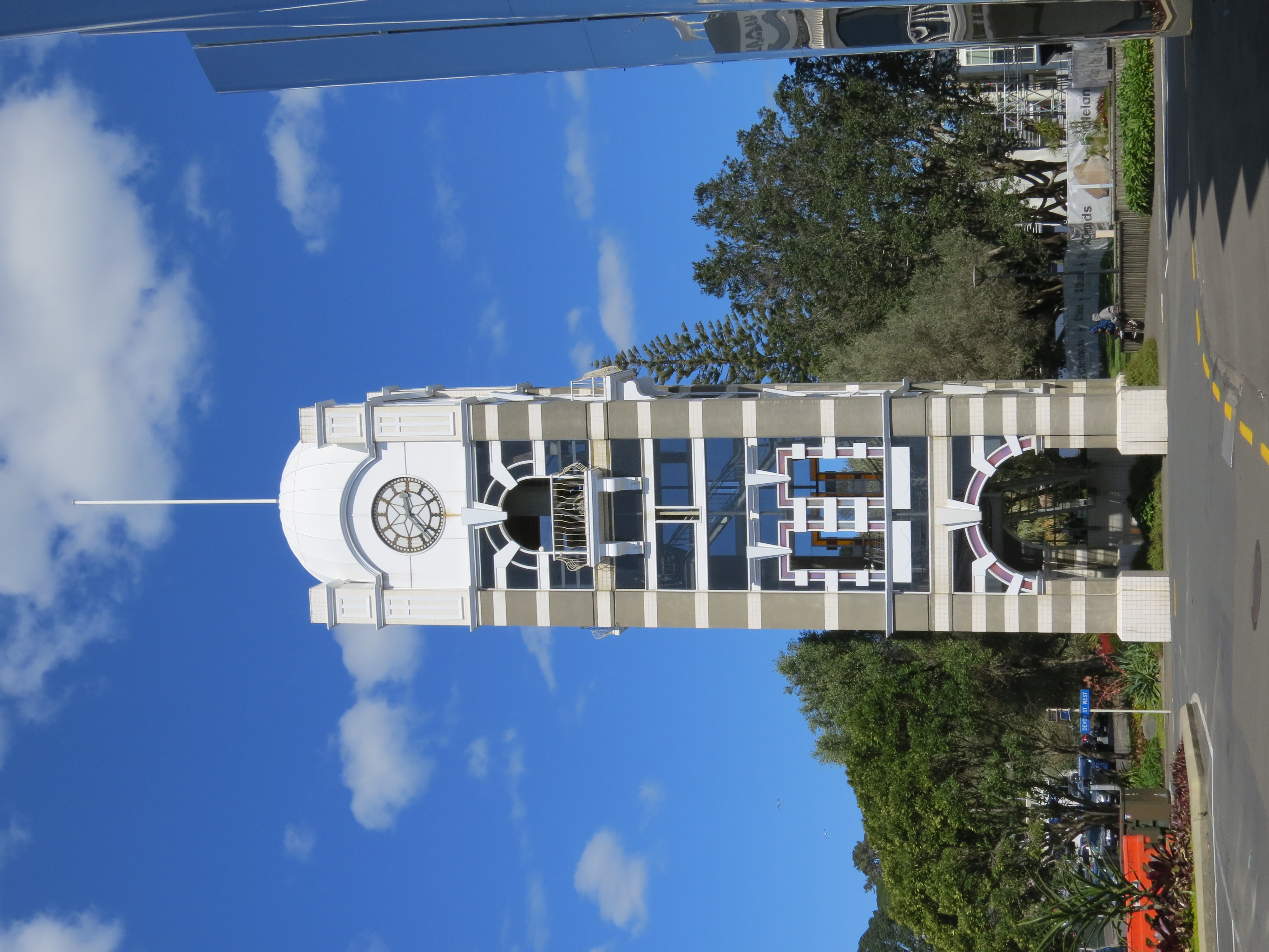 New Plymouth's replica clock tower from Queen Street (2022). Rachel Sonius. Taranaki Stories image collection.