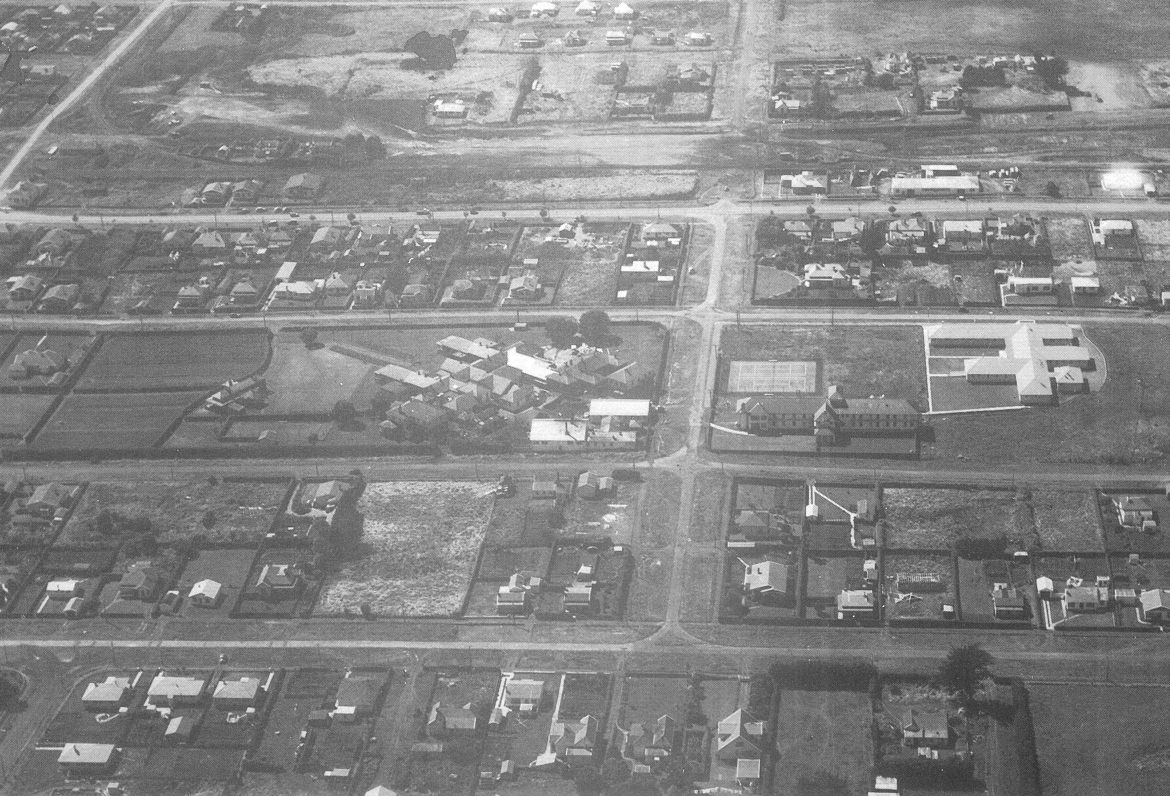View of Miranda Street showing Stratford Hospital in the mid 1950s from "Mountain Town Hospital: the story of the Stratford Public Hospital" by T.D. Hodges (1984)