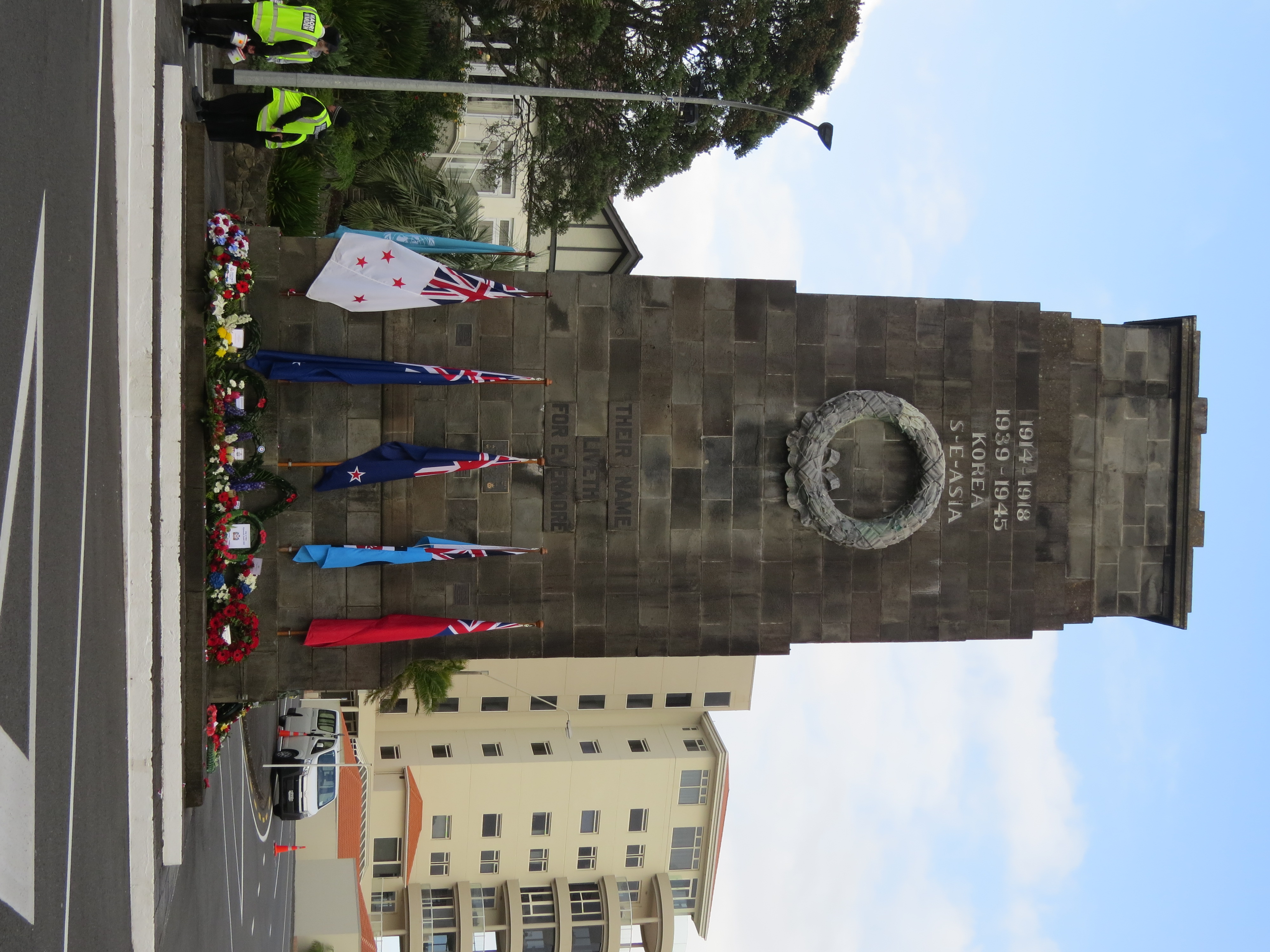 New Plymouth Cenotaph with wreaths on Anzac Day (2024). Rachel Sonius.