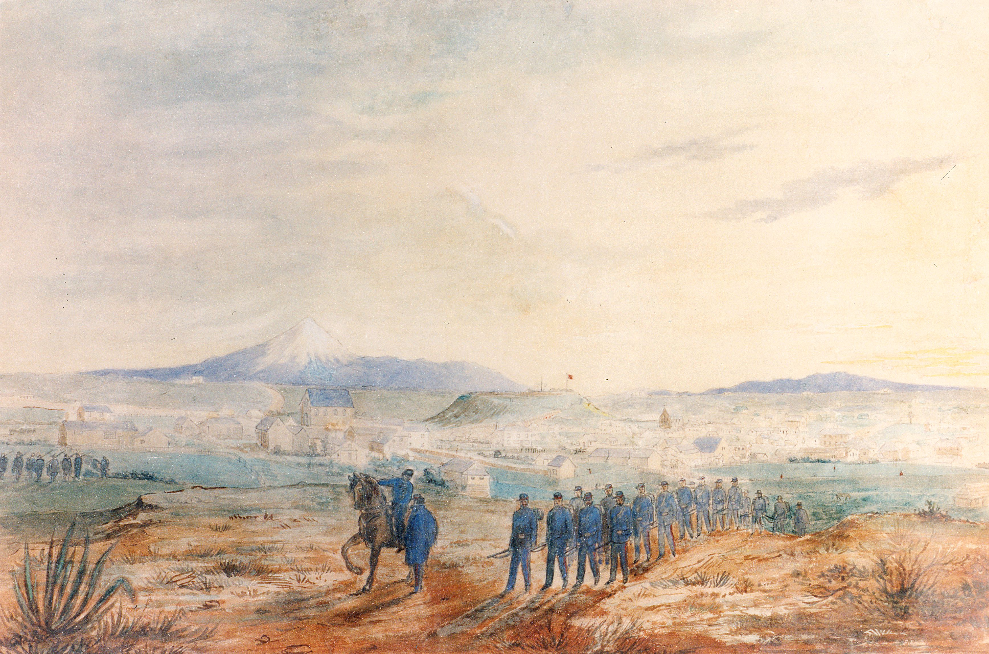 "Volunteer Rifles going on duty, New Plymouth, 1860". Edwin Harris. Collection of Puke Ariki (A65.892).