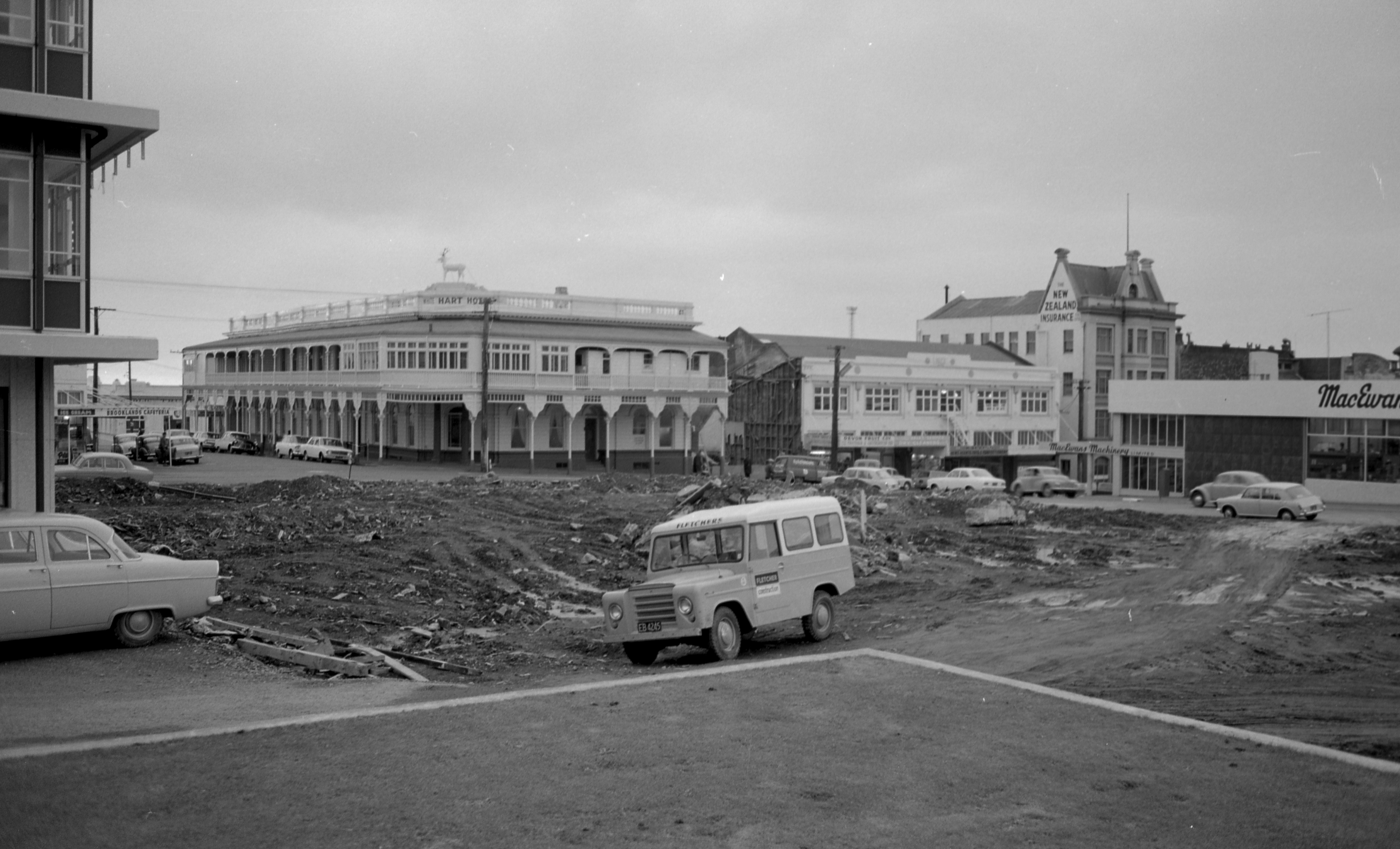 Site of New Plymouth's old post office and clock tower after demolition (26 June 1969). Caleb Wyatt. Collection of Puke Ariki, New Plymouth (PHO2011-2221).