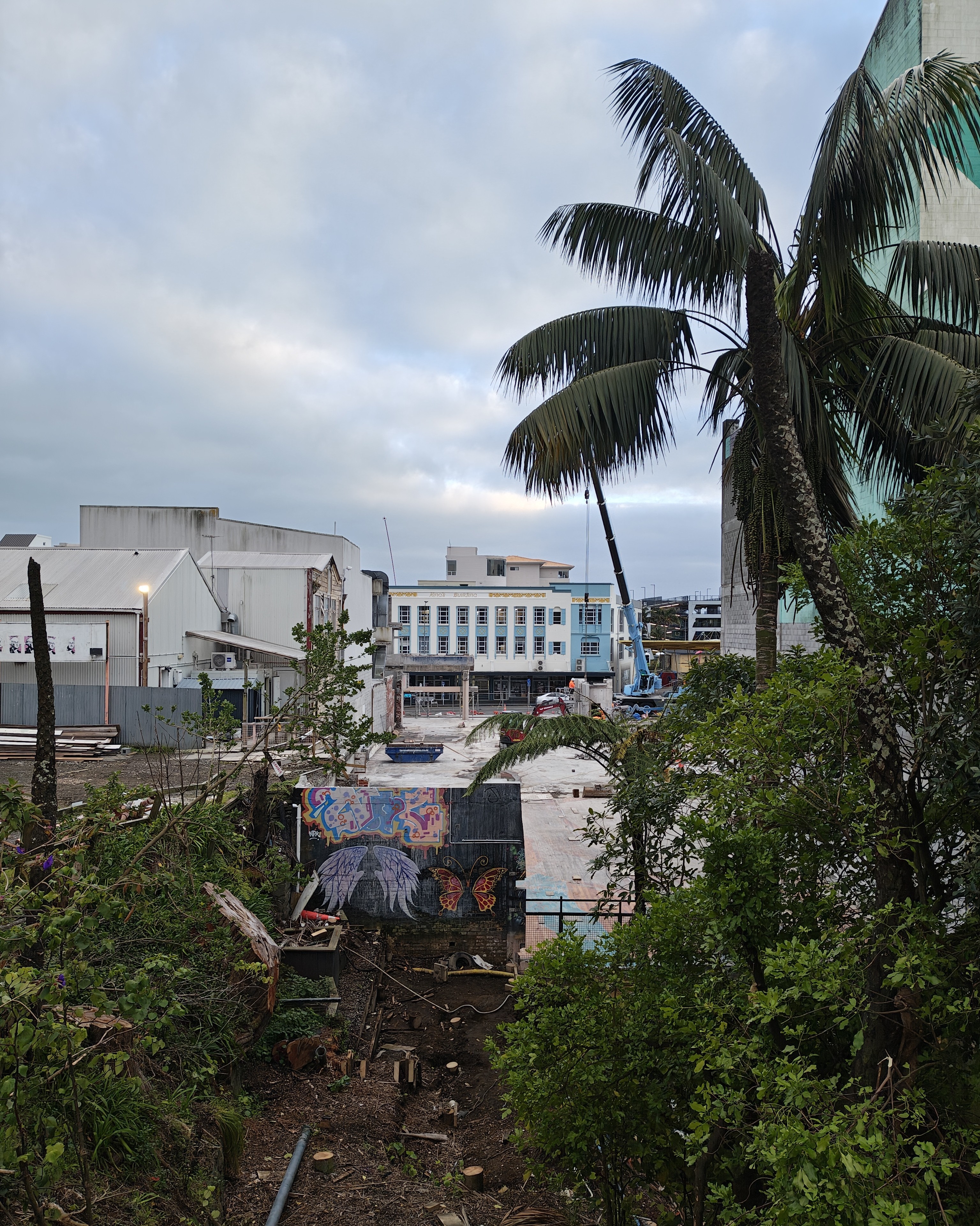 Metro Plaza demolition site looking northwest from Powderham Street with the King's Building in the background (17 July 2026). Rachel Sonius. New Plymouth Buildings image collection.