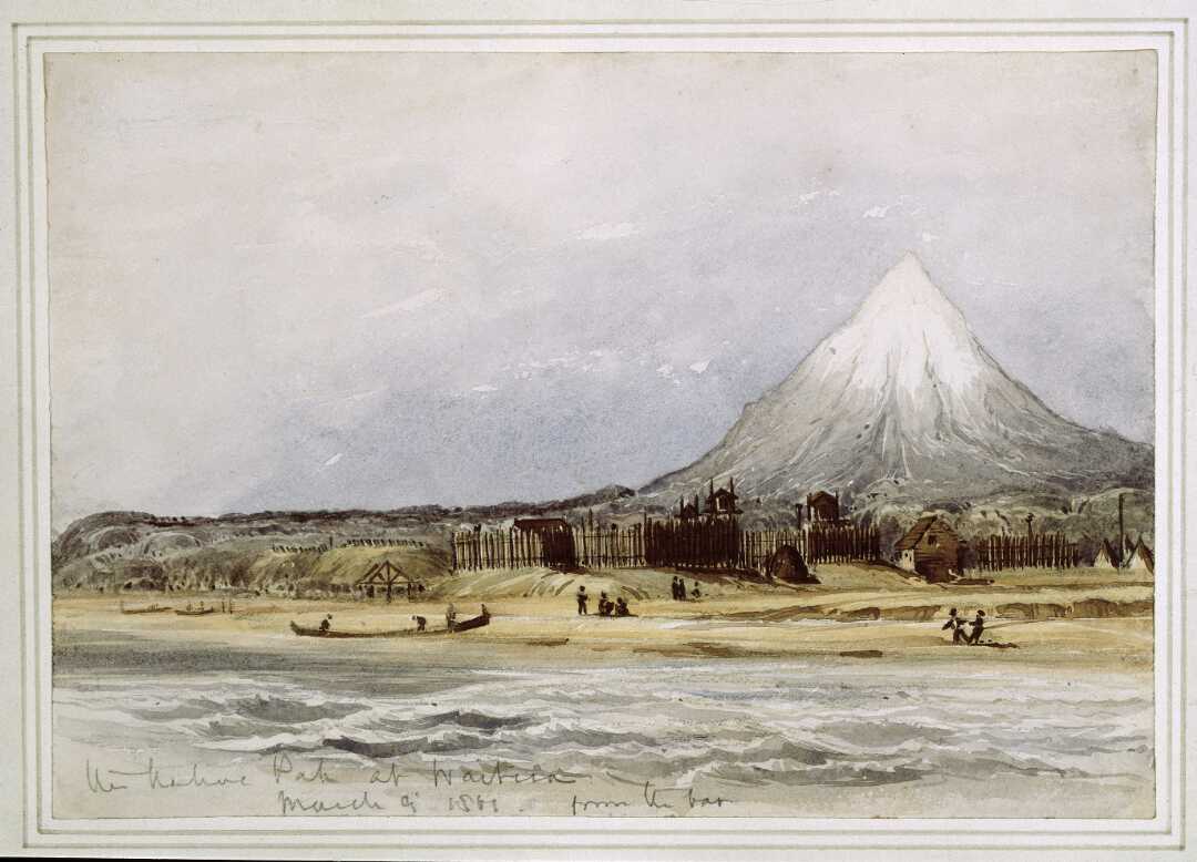 View of Wiremu Kingi te Rangitake's pā in Waitara as painted by Henry Warre (1861). Collection of Alexander Turnbull Library (A-236-020).