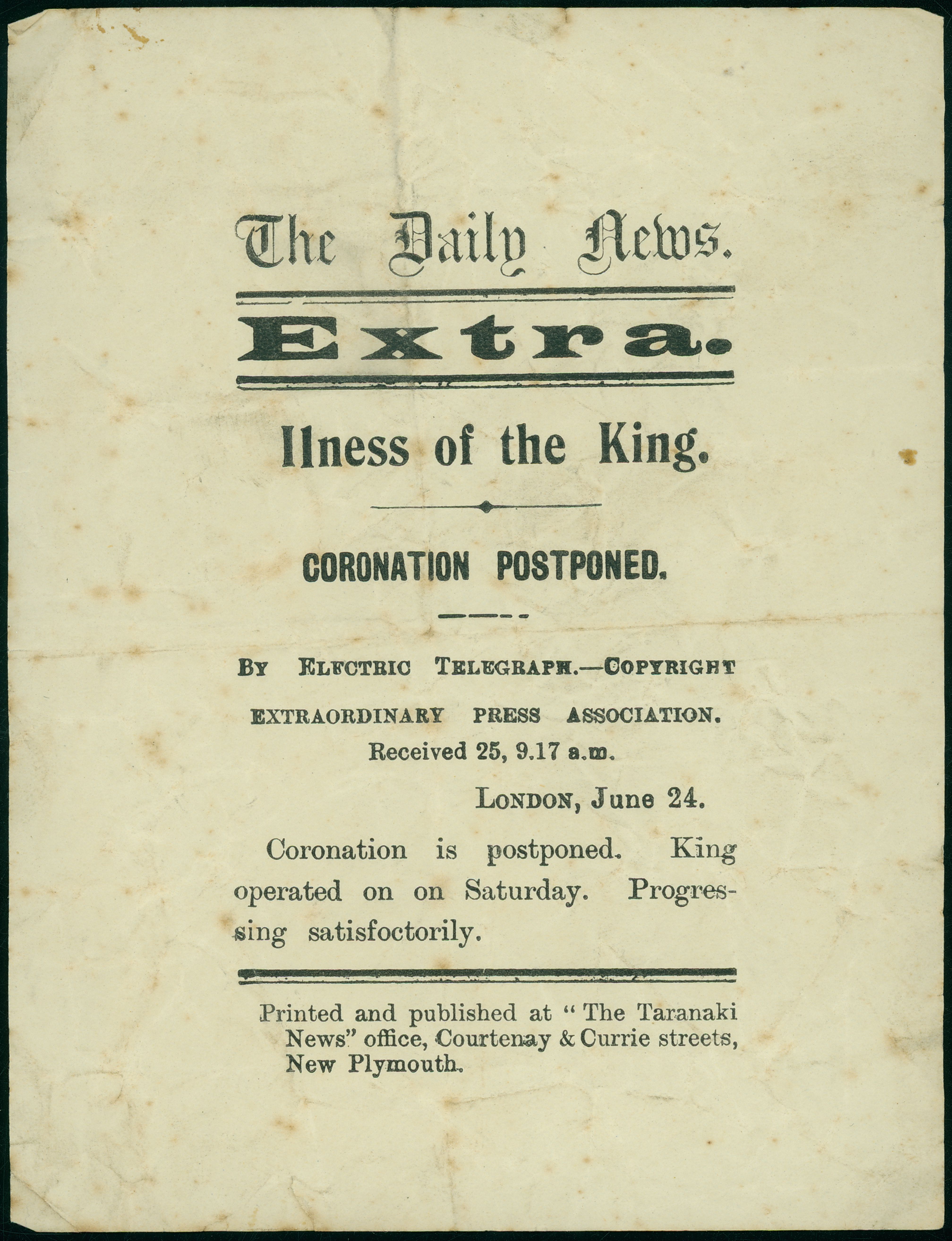 Broadsheet announcing the illness of King Edward VII (24 June 24 1902). Taranaki Daily News. Collection of Puke Ariki (ARC2005-380).