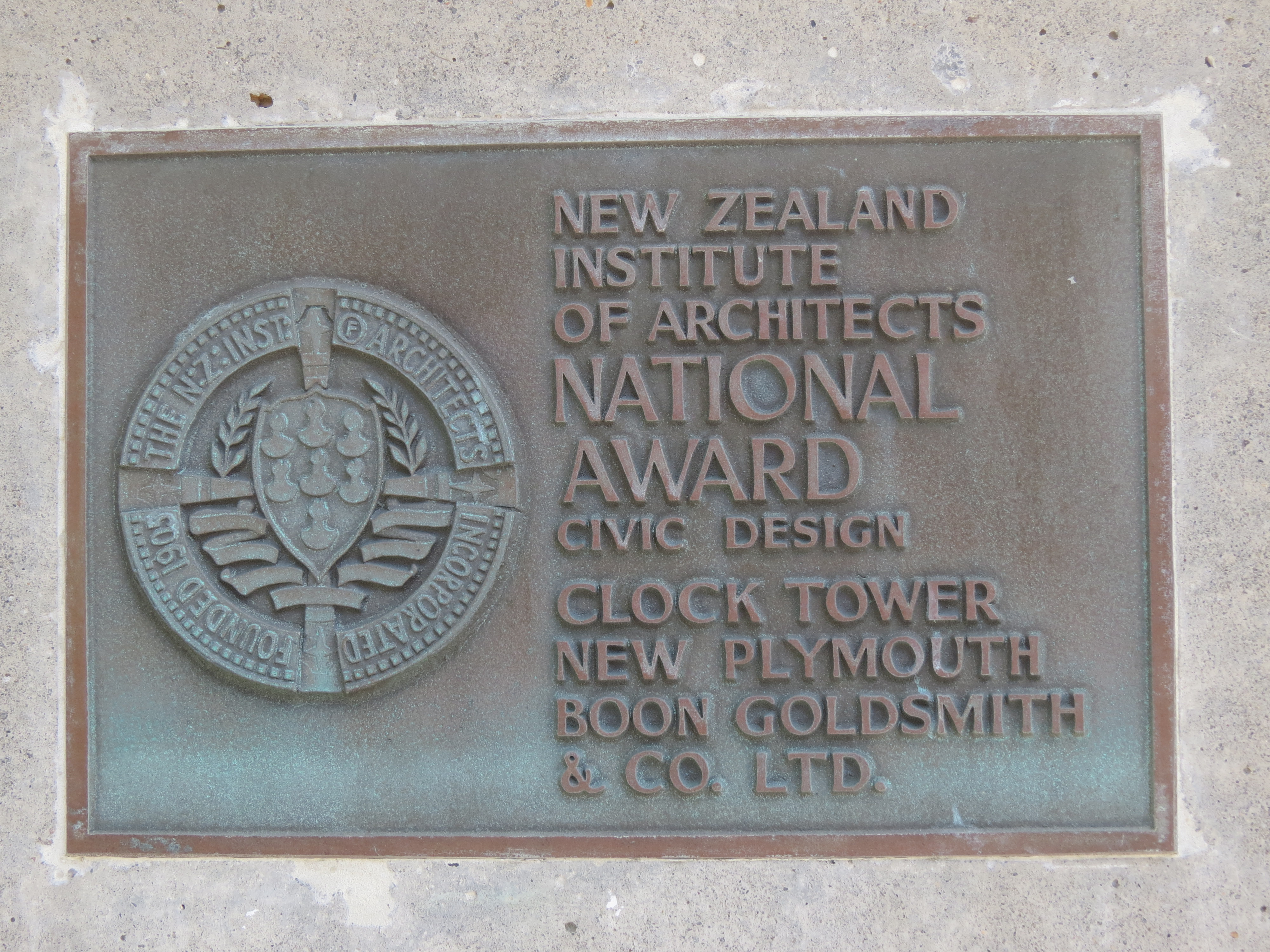 Clock tower award plaque (2022). Rachel Sonius. Taranaki Stories image collection.