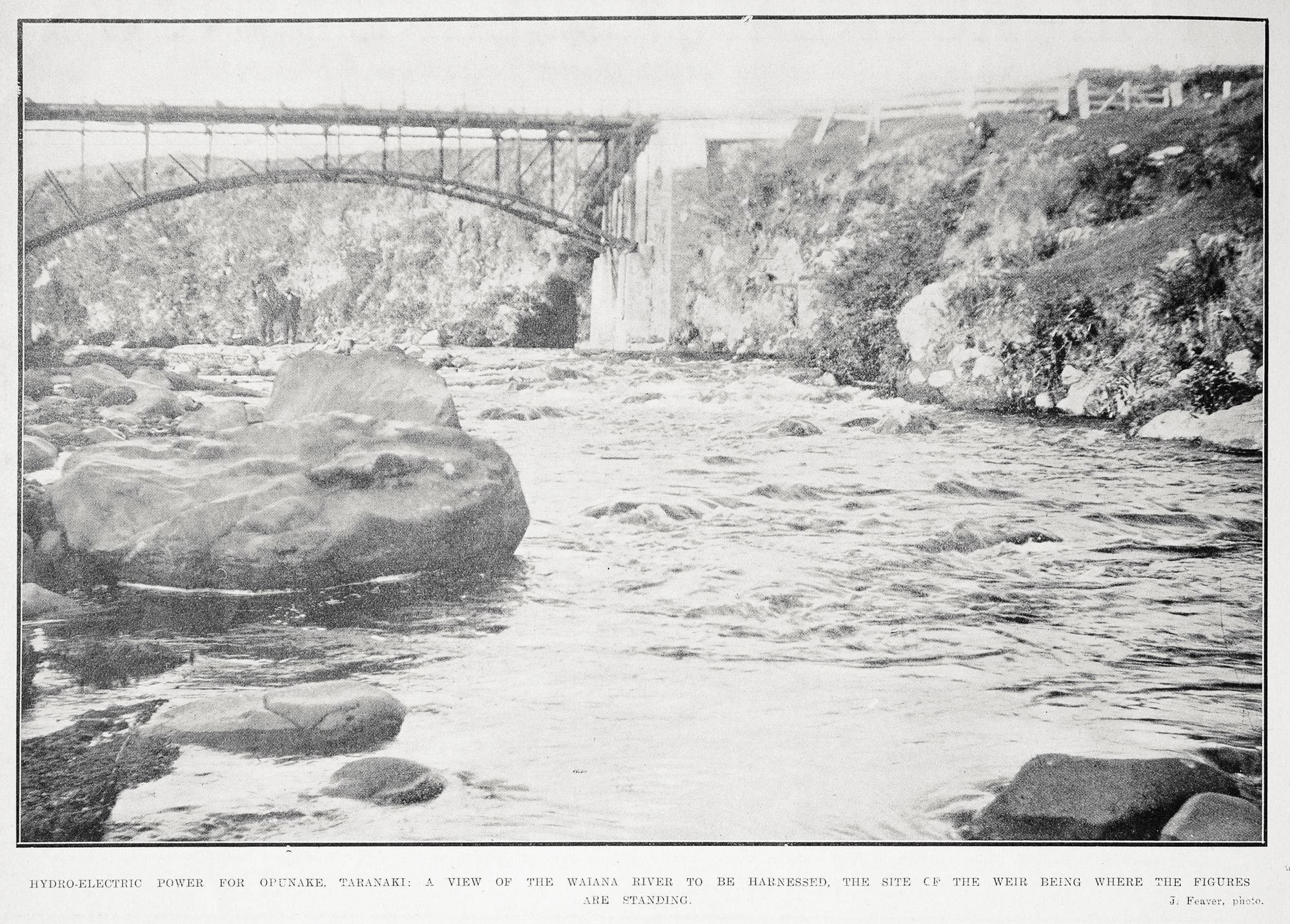 "Hydro-electric power for Opunake, Taranaki: a view of the Waiana [sic] River to be harnessed, the site of the weir being where the figures are standing". J. Feaver. Auckland Weekly News (7 July 1921).