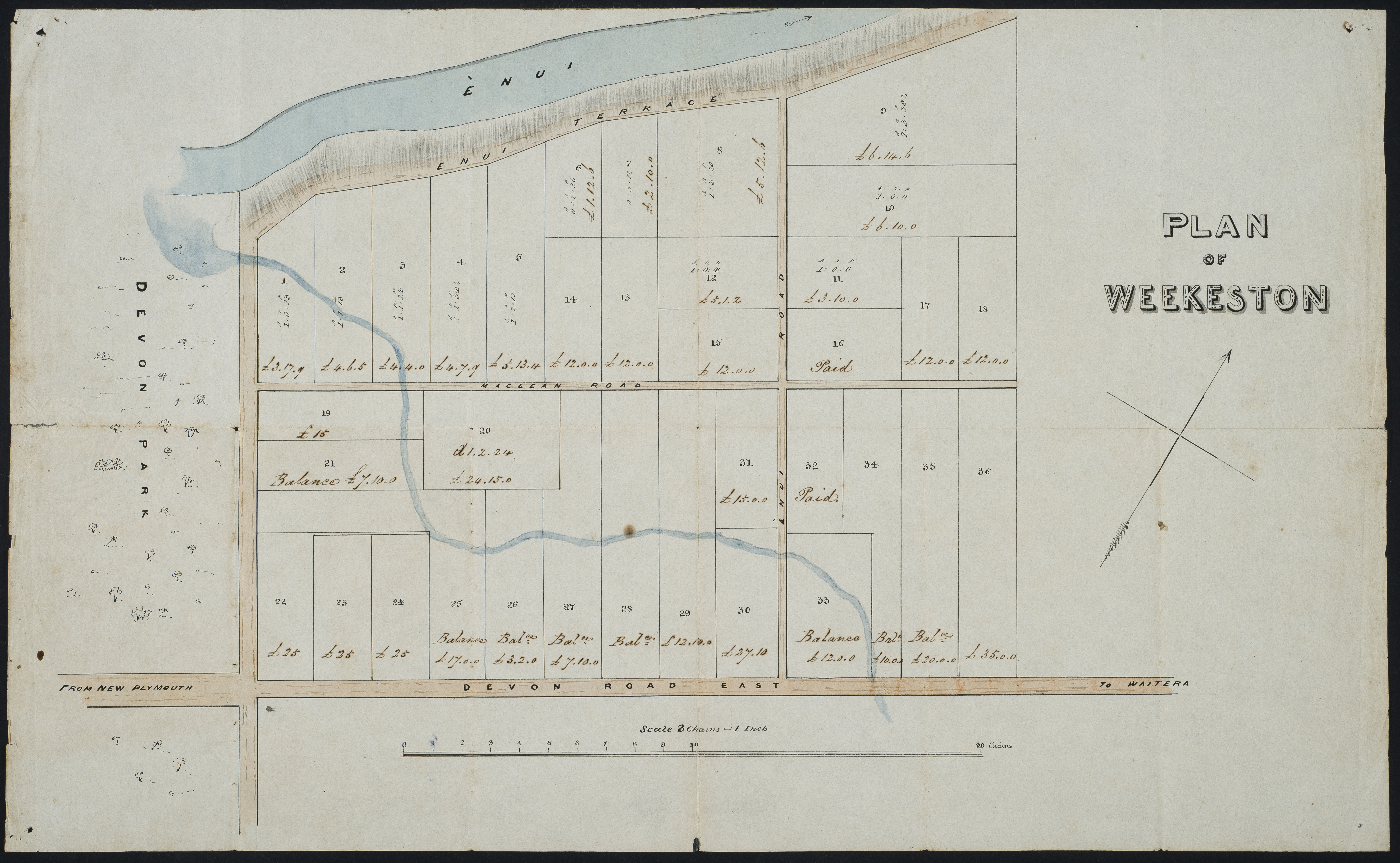 Plan of "Weekeston", now the New Plymouth suburb of Strandon (1841). Collection of Puke Ariki (ARC2004-332).