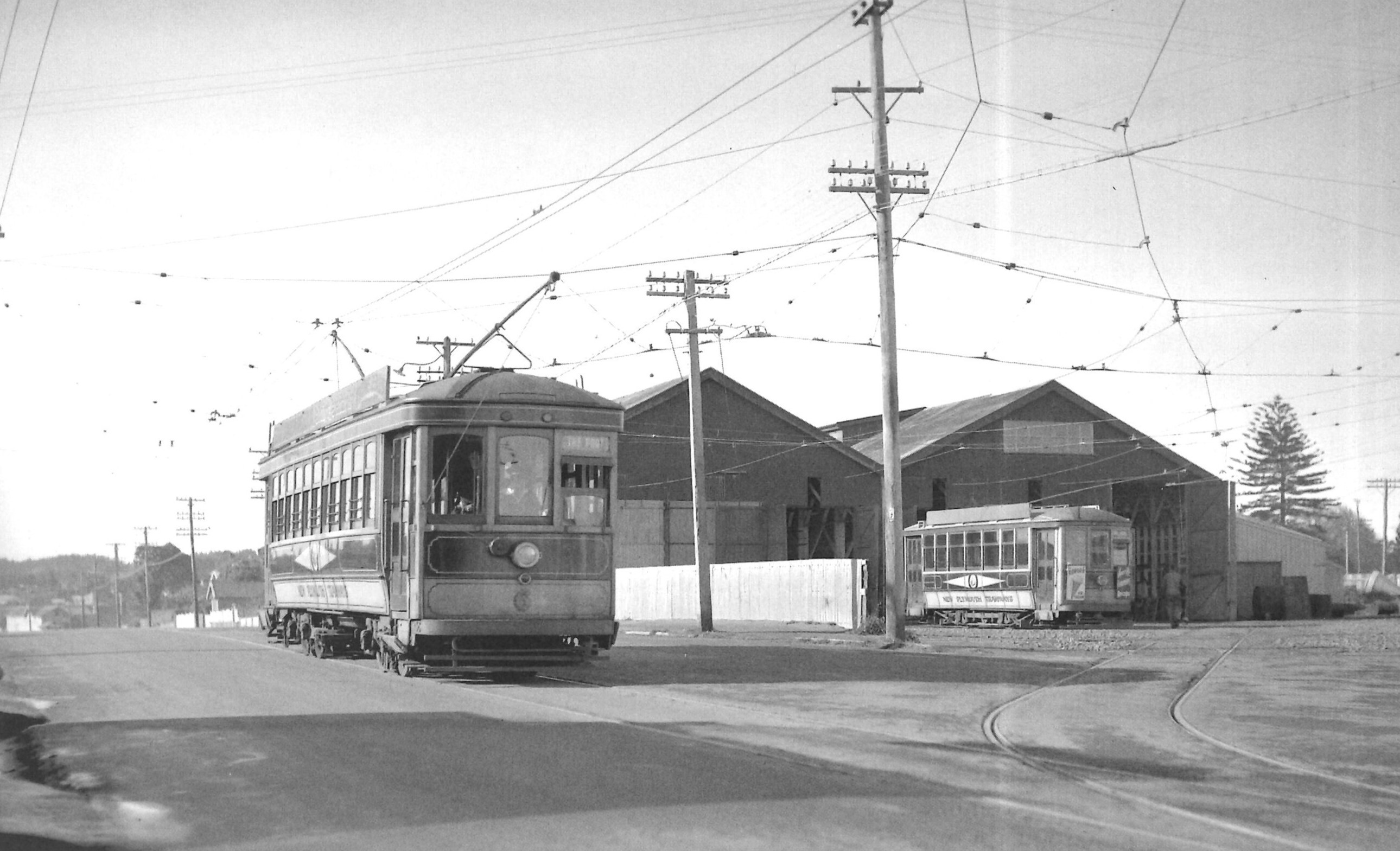New Plymouth Tramways depot at the junction of Devon and Darnell Streets in Fitzroy. Image in "From rails to rubber: the downhill ride of New Zealand trams" by Graham Stewart, published 2006.