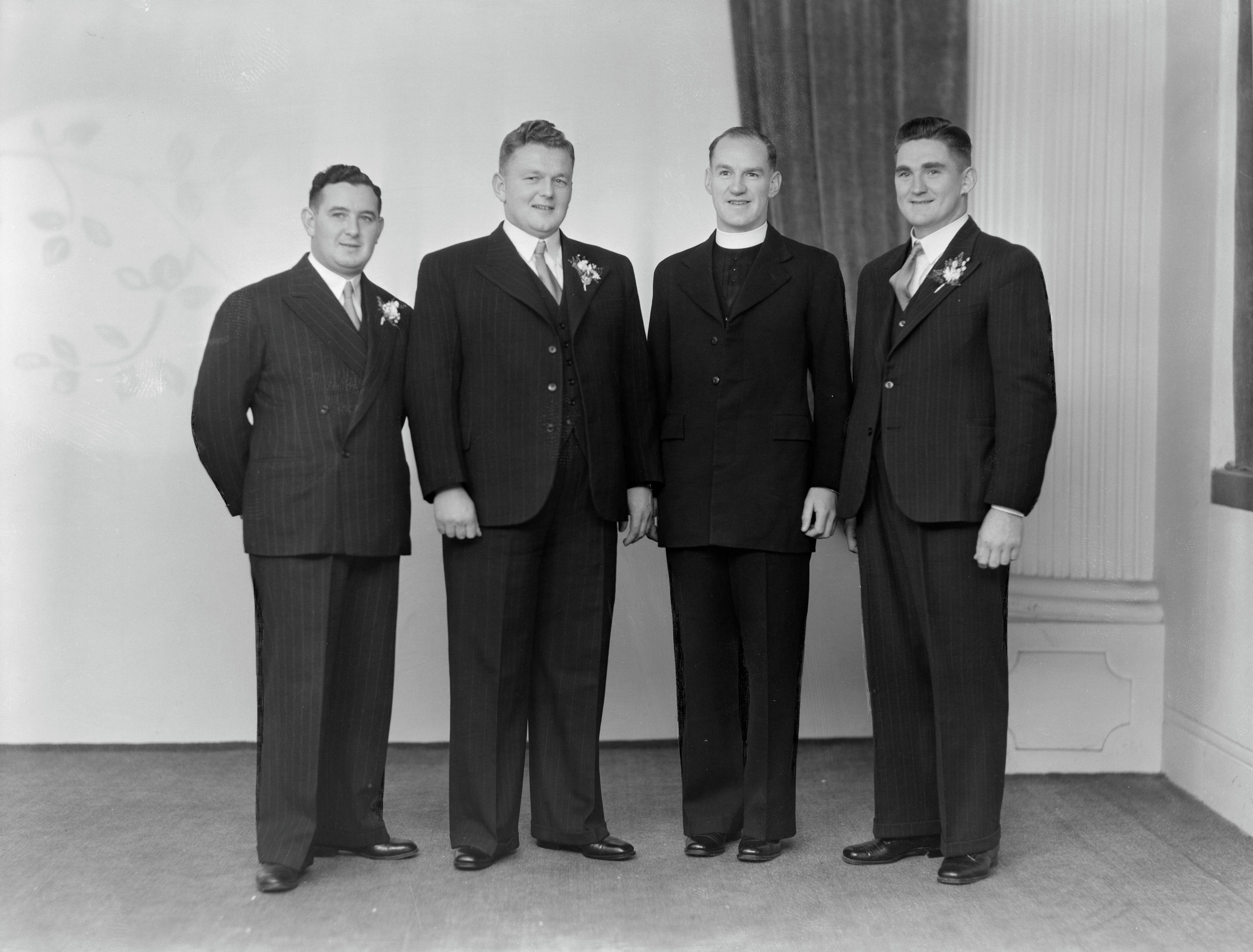 Pat Lile standing second from left on his wedding day (17 April 1947). Swainson's Studios. Collection of Puke Ariki (SW1947.1720).