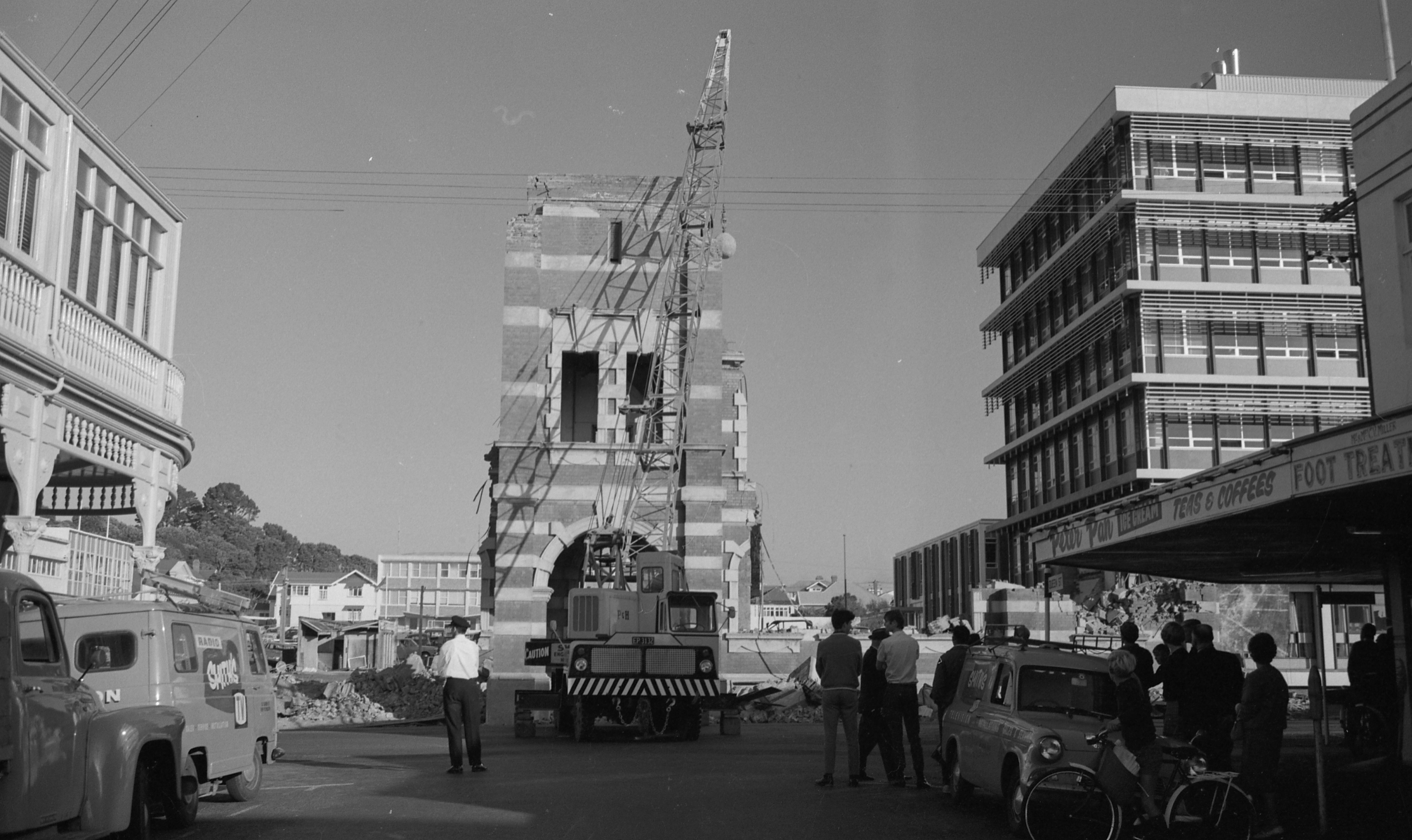 New Plymouth's old post office and clock tower during demolition (10 April 1969). Caleb Wyatt. Collection of Puke Ariki, New Plymouth (PHO2011-2096).