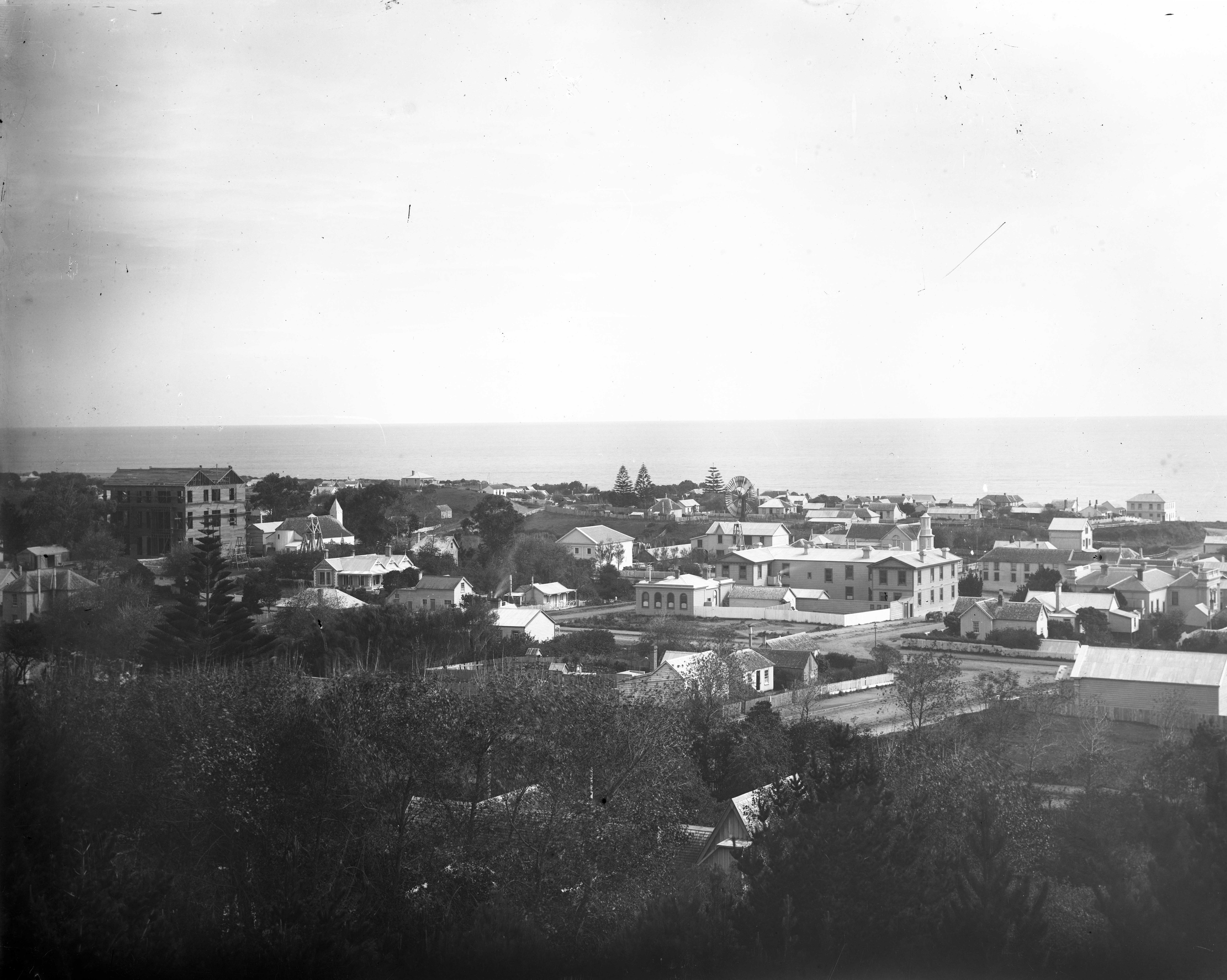 View of New Plymouth from Pūkākā/Marsland Hill with the Convent on the far left (1880s). Unknown photographer. Collection of Puke Ariki (PHO2002-2).