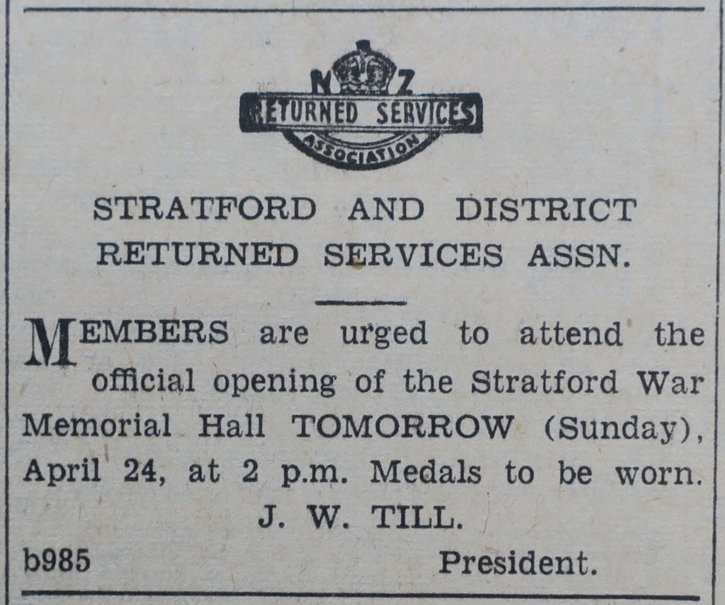 Advertisement for the official opening of the Stratford War Memorial Hall (Taranaki Herald 23 April 1955)